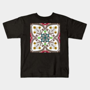 Decorative Vintage Floral Peranakan Motif Chinese Tile Retro Floral Seamless Pattern Kids T-Shirt